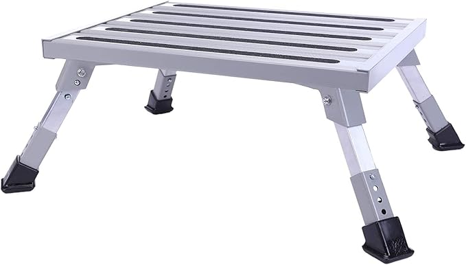 Homeon Wheels Large RV Step Stool, Adjustable Height Aluminum Folding Step Ladder with Non-Slip Rubber Feet, 1500 lbs Capacity, Safety Platform for RV, Trailer, Truck, Outdoor Use, 19" x 14.3"