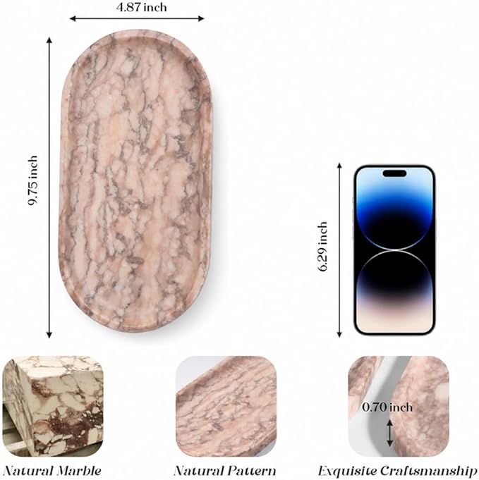 Koville Natural Marble Decorative Tray Stone Plate, 10" x 5" Marble Vanity Tray for Bathroom Countertop Organizer Stone Trays, Catchall Tray for Perfume, Candles, Jewelry (Moca Jade)