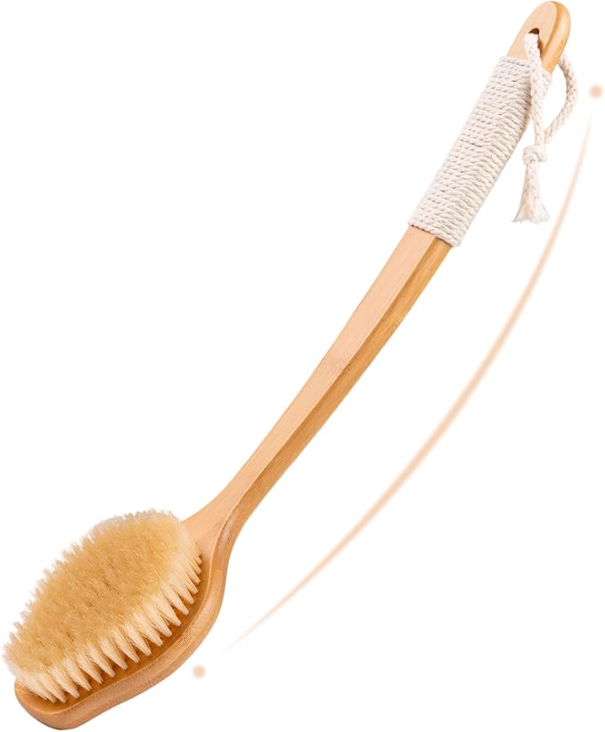 Back Scrubber for Shower，17in Bamboo with Curved Long Handle - Stiff Natural Boar Bristles for Men and Women, Deep Cleansing and Exfoliating, Anti-Slip Grip for Wet or Dry Brushing