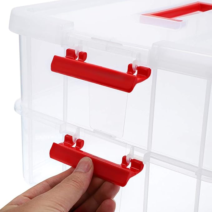 JUXYES 2-Tiers Stack Carry Storage Box With Handle, Transparent Stackable Storage Bin With Handle Lid Latching Storage Container for School & Office Supplies (Red)
