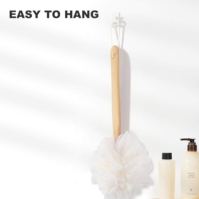 White Loofah with Handle - Back Scrubber for Shower, Exfoliating Body Sponge with Soft PE Mesh and Wood Stick, Clean Look Bath Accessory for Men and Women