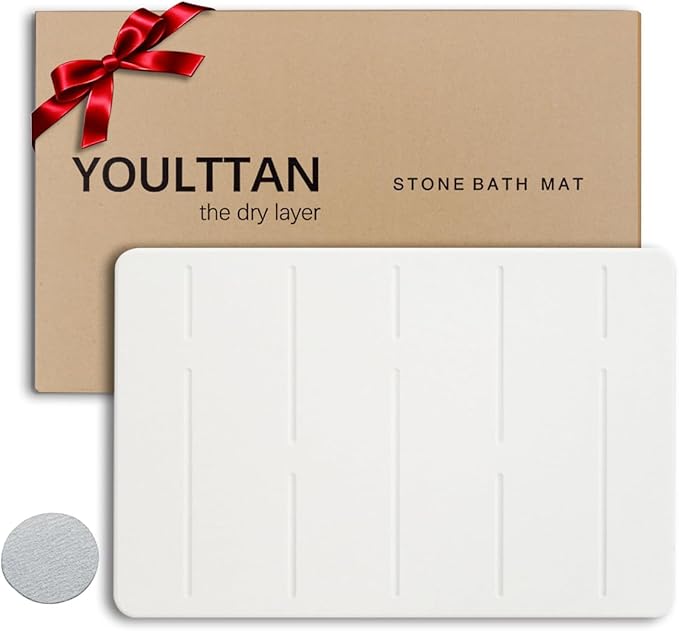 Stone Bath Mat 24"x16" - Diatomaceous Earth Shower Mat, Quick Dry, Anti-Slip, Modern Design with Bonus Non-Slip Pad - Perfect for Home Safety and Style,White,Straight