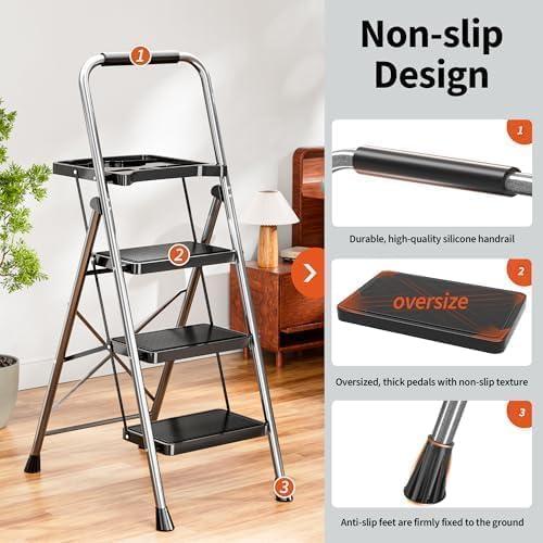 DIAMONDFORGE 3-Step Ladder Folding Step Stool with Tool Platform & Anti-Slip Wide Pedal, Heavy Duty Steel Construction, 600 lbs Capacity for Home & Office, Grey