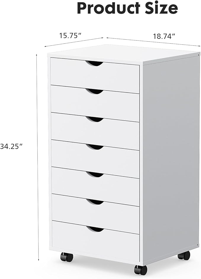 OLIXIS 7 Drawer Mobile File Cabinet Under Desk Storage Organization with Wheels Vertical Filing Chest Rolling Wood Small Desk Printer Stand for Home Office, 15.75"D x 18.74"W x 34.25"H, Classic White