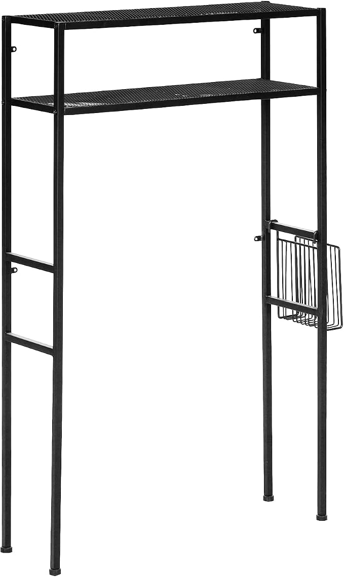 MyGift 2-Tier Over The Toilet Storage Rack, Over Toilet Bathroom Organizer, Freestanding Above Toilet Shelf with Removable Magazine Holder Basket, Black Metal Cabinet for Laundry Space Saver