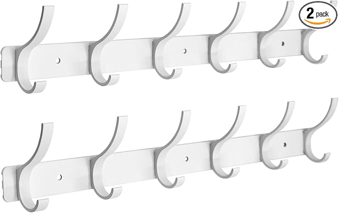 Coat Rack Wall Mounted,6 Coat Hooks for Hanging Coats,Heavy Duty Metal Double Hook Rack Hook Rail,Coat Rack with Hooks,Wall Mount Coat Hanger for Hat Towel Purse Robes (2 Pack White, 6 Hooks)