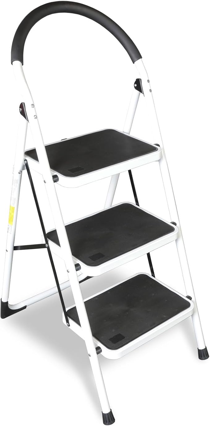 Jack Boss 3 Step Ladder, Folding Lightweight Step Stool with Wide Anti-Slip Pedal for Home, Office, Kitchen and Garage, Service Height 27.2 inch, 400 lbs Capacity