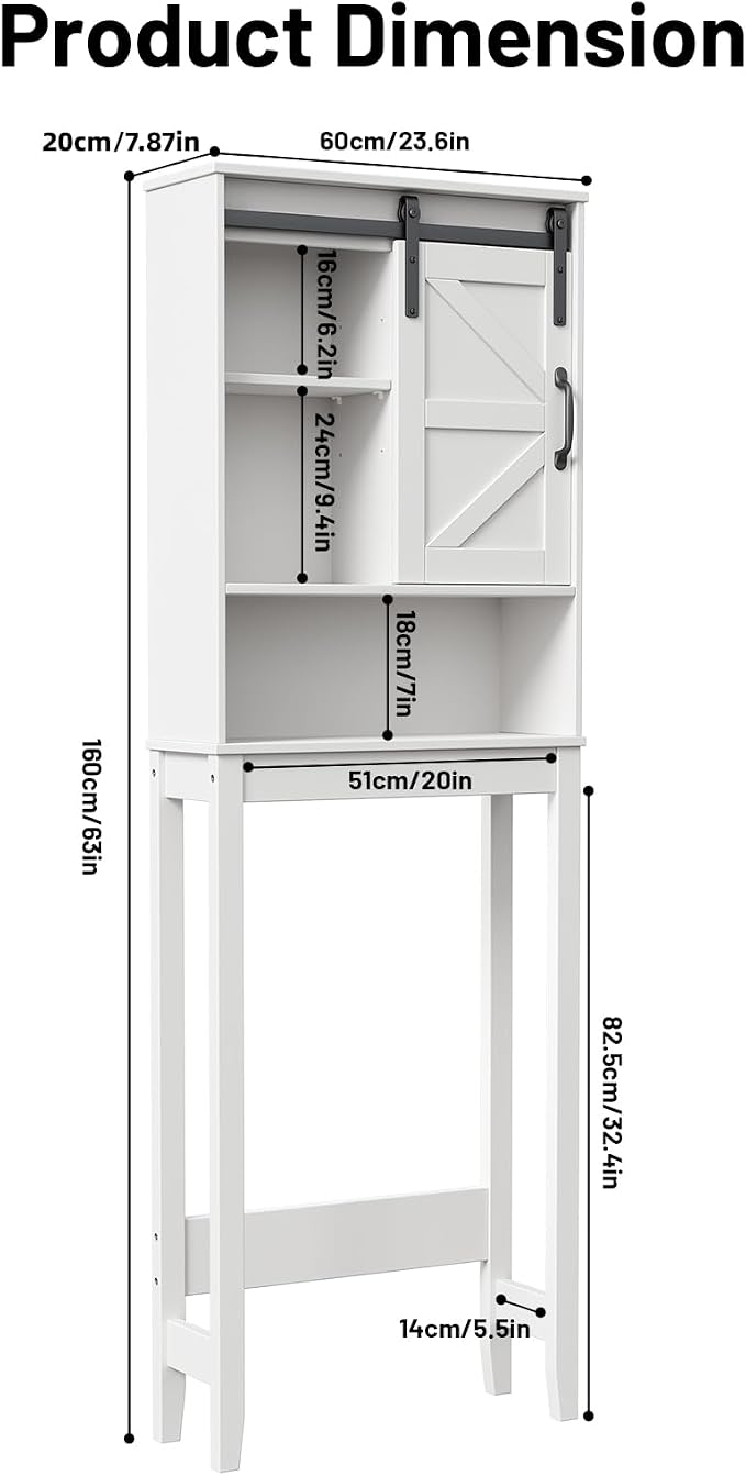 Over The Toilet Storage Cabinet, Bathroom Organizer with Adjustable Shelves and Anti-Tip Device, Space-Saving Storage Solution, White
