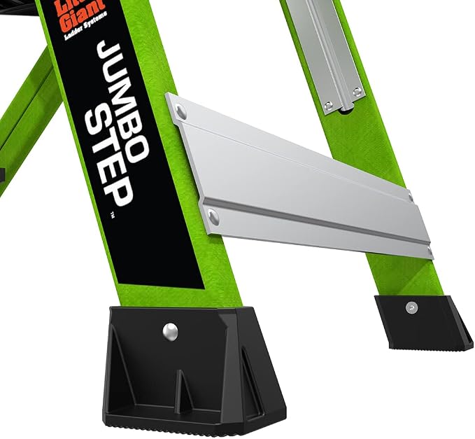 Little Giant Jumbo Step 3-Step Foldable 3-Ft Fiberglass Stool, Non-Conductive, Hi-Viz Green Rails, Extra-Wide Stair-Like Treads, Rotating Handrail, 375 lb. Type IAA, 11933