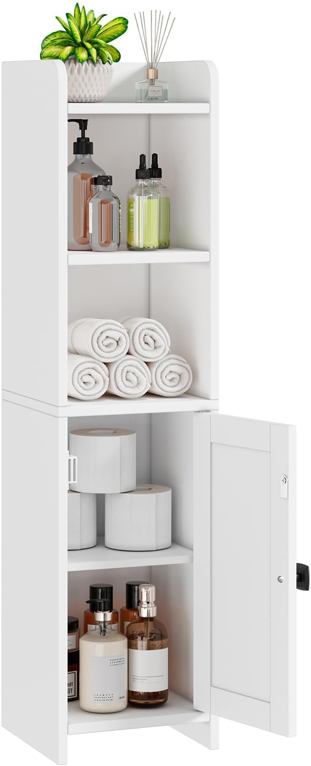 Lomojo Small Bathroom Storage Cabinet Corner, Floor Cabinet with Adjustable Shelves, Freestanding Narrow Bathroom Toilet Paper Organizers for Small Spaces, White