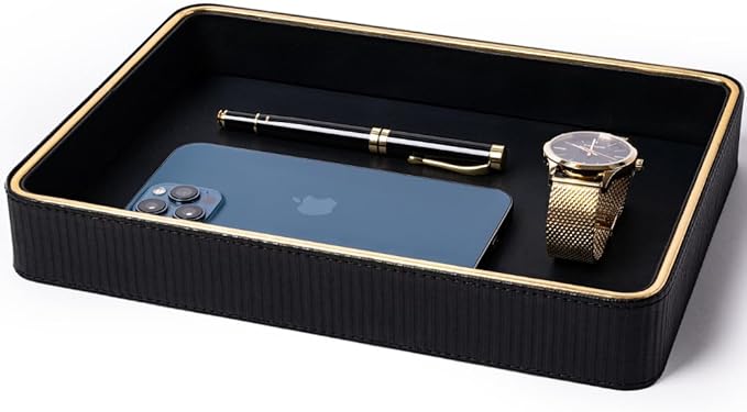 Leather Catchall Valet Tray for Men| Mens Valet Catch All Trays| Bedside Organizer for Nightstand| Cologne Tray for Men| Desk Trays Leather Tray Organizer (Black)