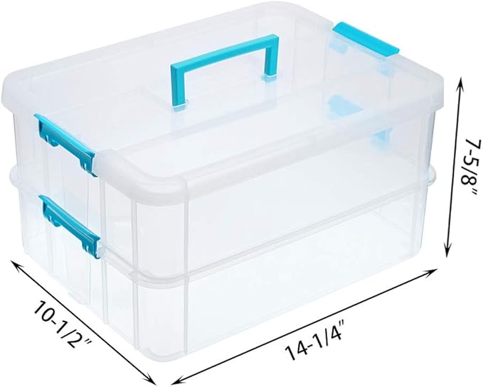 JUXYES 2-Tiers Stack Carry Storage Box With Handle, Transparent Stackable Storage Bin With Handle Lid Latching Storage Container for School & Office Supplies (Blue)