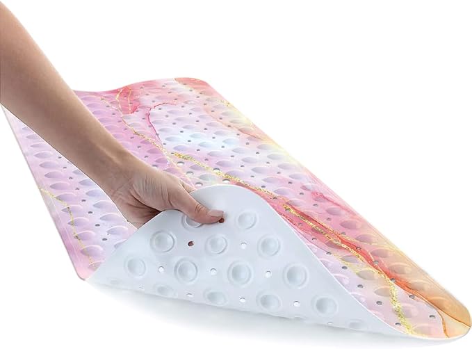 LNOND Marble Bath Tub Mat Non Slip, Extra Long 40 X 16 Inch Anti Slip Mat for Bathtub, Pink Gold Marble Shower Mat with Drain Holes and Suction Cups, Machine Washable