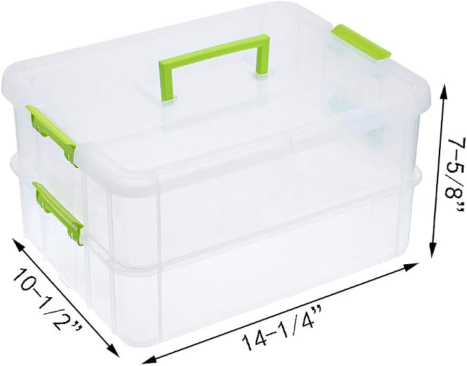 JUXYES 2-Tiers Stack Carry Storage Box With Handle, Transparent Stackable Storage Bin With Handle Lid Latching Storage Container for School & Office Supplies (Green)