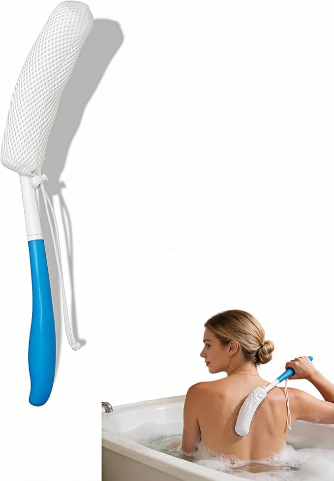 Long Handle Bath Brush for Elderly, Shower Scrubber for Back Exfoliation, Non-Slip Grip for Seniors & Pregnant Women, 15.35 Inch Body Scrubber for Effortless Independence, Blue
