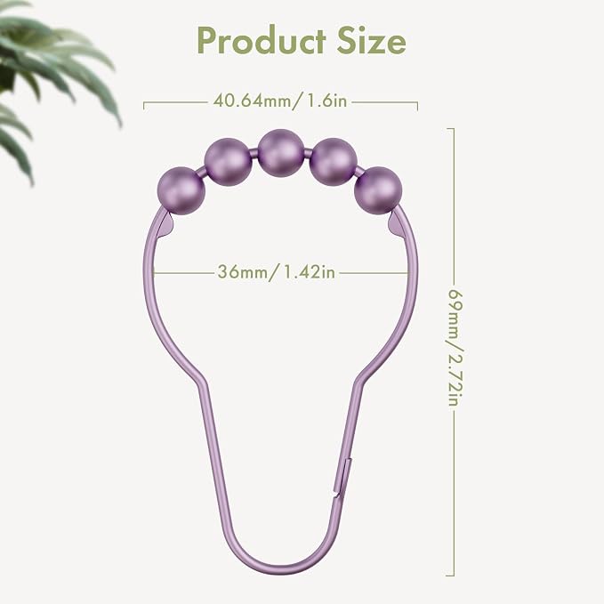 Amazer Shower Curtain Hooks, Rust Resistant Purple Shower Curtain Hooks for Bathroom, Stainless Steel Glide Shower Hooks Hangers for Bathroom Shower Rods Curtains, Set of 12 Hooks, Greyish-Purple