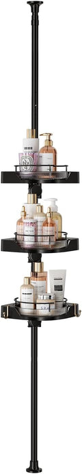 YCIA&DONE 360° Rotating Shower Caddy Tension Pole, 3 Tiers Corner Shower Organizer for Bathroom Shelf Bathtub, Adjustable Standing Shower Rack, Easily Assemble, 34-124 Inch Height, Black