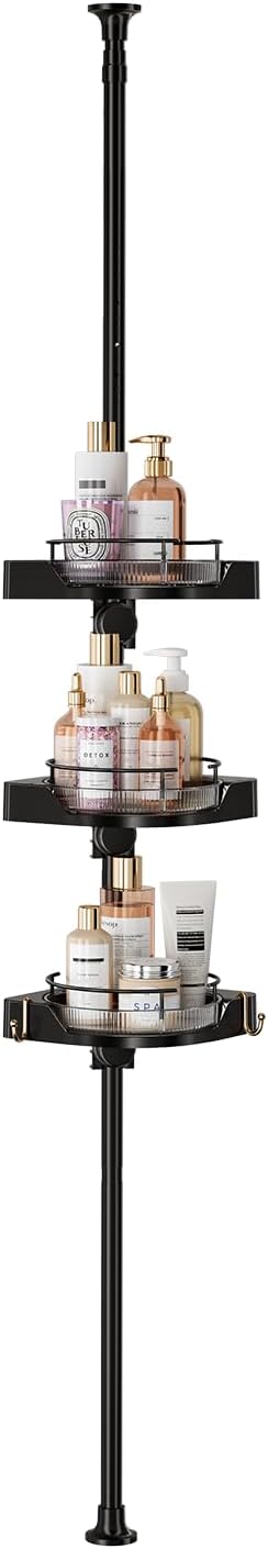 YCIA&DONE 360° Rotating Shower Caddy Tension Pole, 3 Tiers Corner Shower Organizer for Bathroom Shelf Bathtub, Adjustable Standing Shower Rack, Easily Assemble, 34-124 Inch Height, Black