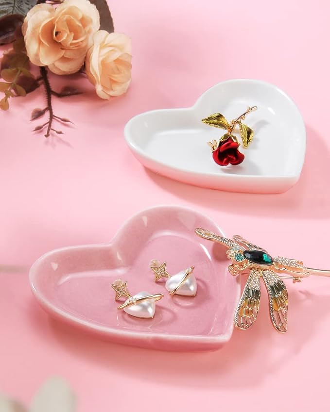 JAMEND CLXP Pink Heart Jewelry Tray, Engagement Wedding Ring Dish Earring Holder for Newlyweds, Sweet Gift for Women, Ceramic. NO ROSE.