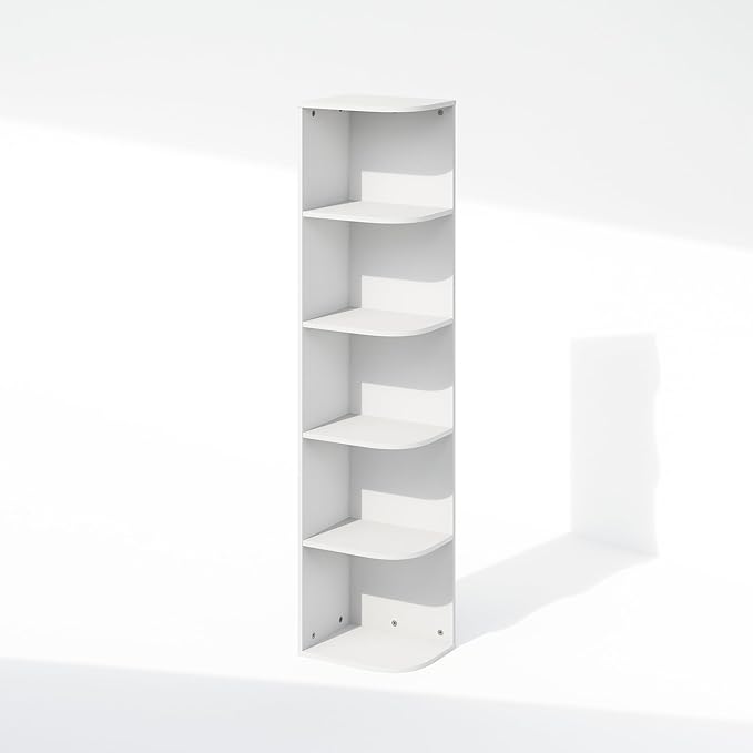 Furinno Reed Corner Shelf, 5-Tier Corner Bookshelf, Book Shelf, Corner Shelves, Storage Rack, for Organization and Storage, Home Office, Living Room, White