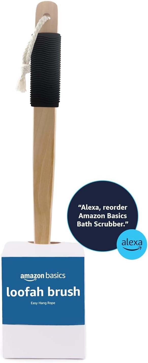 Amazon Basics Exfoliating Loofah Brush, Body Scrubber with Rubber Handle for Shower, Bath Sponge