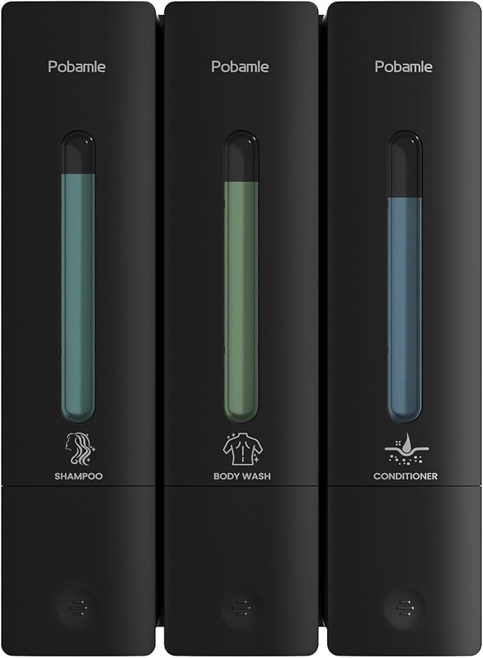 Shampoo and Conditioner Dispenser - Shower Soap Dispenser Wall Mounted No Drill - Shampoo Conditioner Body Wash Dispenser 3 Chamber - Easy Install for Bathroom Hotel Black 1200ml
