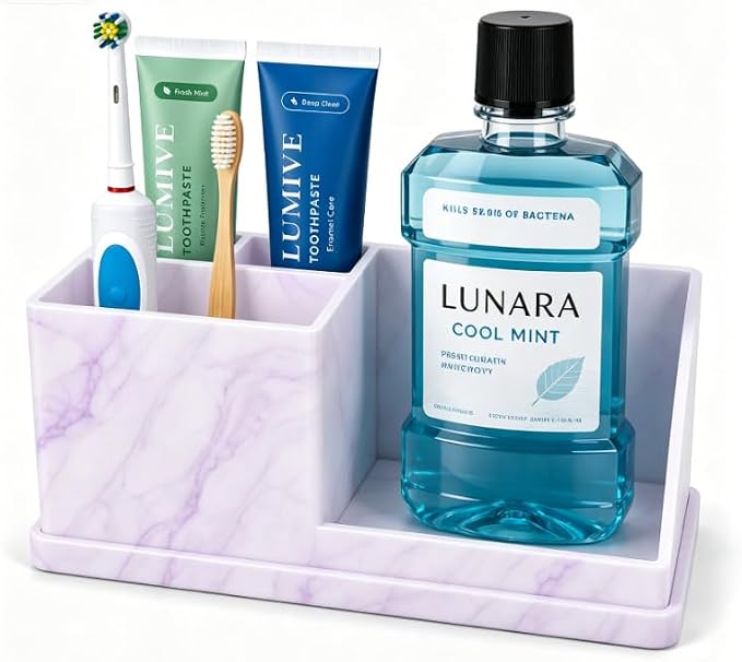 Bathroom Toothbrush Holders, 4 Slots Silicone Counter Organizer Storage with Purple Marble Texture, Detachable Anti-Slip Vanity Organizer for Electric Toothbrush, Toothpaste & Phone