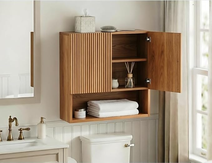 USHOWER Brown Oak Bathroom Wall Cabinet, Thickened MDF Medicine Cabinet with 2 Fluted Doors & Open Shelf, Over the Toilet Storage Cabinet for Laundry Room, Living Room, Kitchen, Wall Mounted