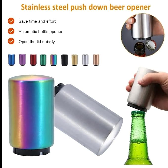 Premium Beer Bottle Opener,Automatic Bottle Openers, Stainless Steel Push Down Beer Opener, No Damage to Bottle Cap with Magnet,Portable Pop the Top Bottle Opener for Home Bars Camping Party (Gold)