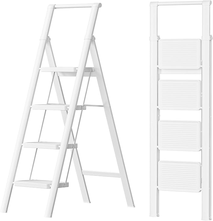 SOLADDER 4 Step Ladder with Handrails, Anti-Slip and Foldable Step Stool with Widen Pedals, Portable Stepladders for Home, Kitchen and Indoor, Space Saving -300lbs (White)