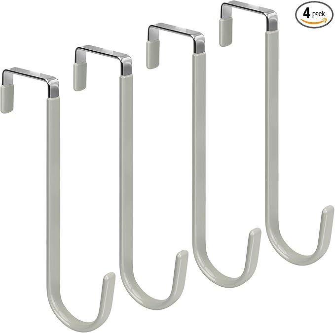 FYY Over the Door Hooks, 4 Pack Upgraded Long Door Hangers Hooks with Rubber Prevent Scratches Heavy Duty Organizer Hooks for Hanging Clothes, Towels, Hats, Coats, Bags Grey