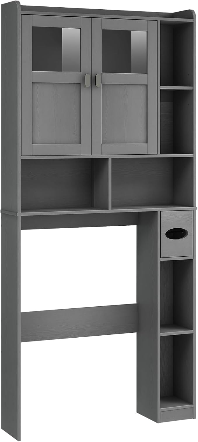 Vabches Over The Toilet Storage Cabinet, Bathroom Shelf Over Toilet with Glass Doors and Adjustable Shelves, Natural Grey Freestanding Home Space Save Toilet Rack, for Restroom, Bathroom, Laundry
