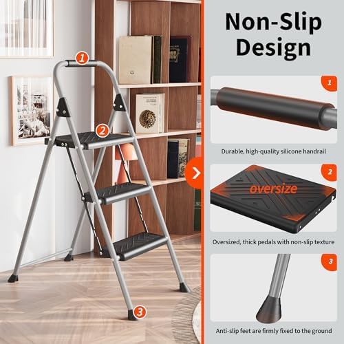 DIAMONDFORGE 3-Step Folding Ladder, Non-Slip Wide Pedal Step Stool with Soft Handle and Stable Feet, Heavy-Duty Steel Structure, 900lbs Capacity, Foldable Design for Home and Office, Grey