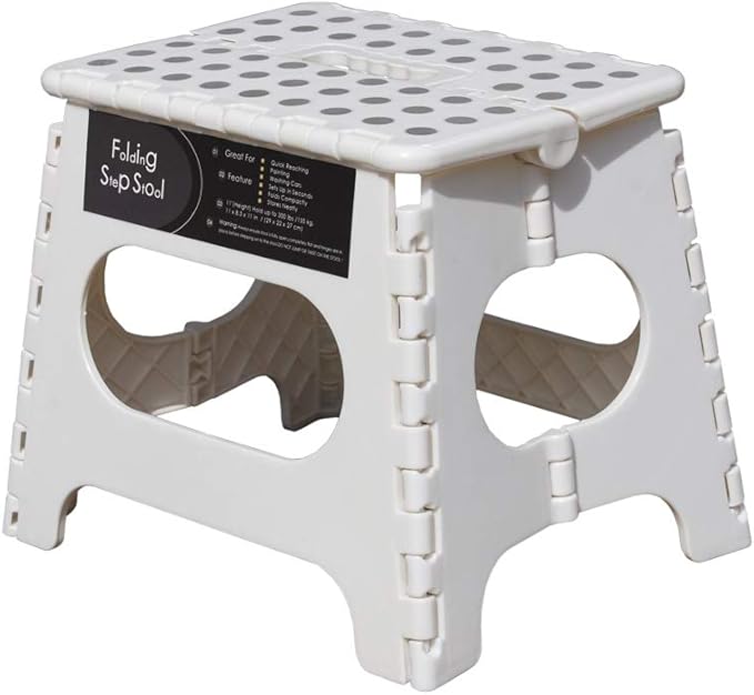 Non-Slip Folding Step Stool, Sturdy Safe Enough - Holds up to 300 Lbs - 11 inch Footstool for Adults or Kids, Folding Ladder Storage/Opens Easy, for Kitchen,Toilet,Camping (White/Gray Dot, 11'')