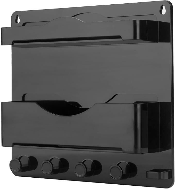 Bedside Wall Shelf with Glasses Hooks ，Adhesive Bedside Organizer Wall Mount for Dorm and Room Accessories Phone，Remote，Earphone， Kindle (Black)