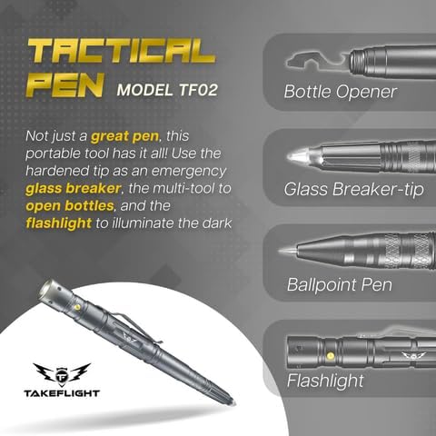 Tactical Pen – Self Defense Survival EDC Pen with LED Flashlight, Glass Breaker & Bottle Opener – Military Multitool Pen for Men & Women – Veteran-Owned TakeFlight – 2 Ink Refills + Extra Battery