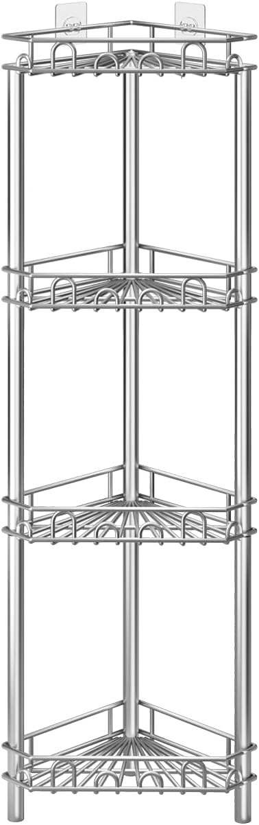 SWTYMIKI Standing Shower Caddy Corner - 4‑Tier Stainless Steel Shower Organizer Shelf with 12 Hooks and Adhesive Pads, Rustproof Corner Shelves Stand Rack for Bathroom Shower Room, Silver