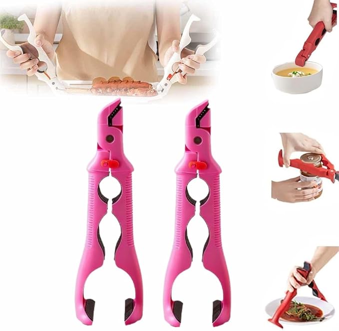 3-in-1 Hot Plate Gripper, 2025 NEW Multi-Angle Anti-Scald Bowl Holder Clip & Hot Plate Grabber Tool with Lock for Hot Bowl Cozy Holder, Hot Plate Gripper Tongs (Pink 2PCS)