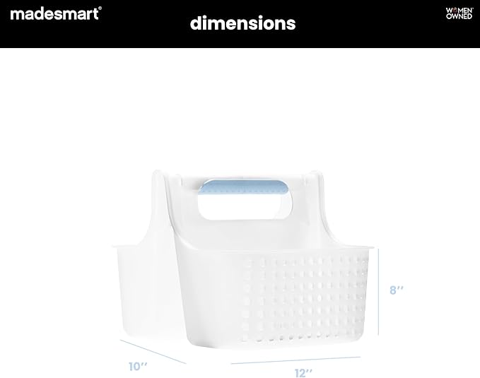 madesmart Large Shower Tote with Soft Grip Handle, Frosted Blue | Plastic basket, dorm bathrooms, shampoo, soap, razors, cleaning supplies, under sink storage