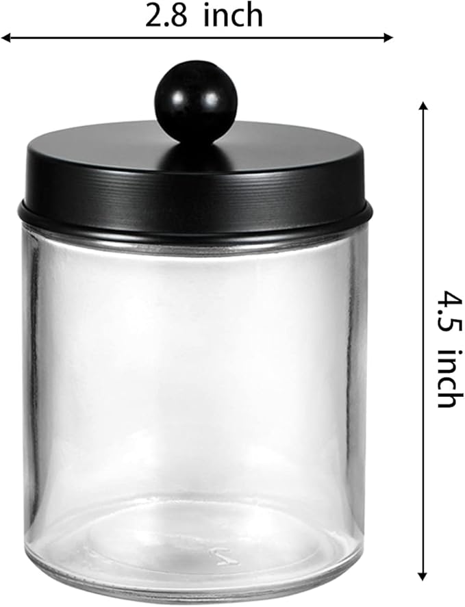 Amolliar 4 Pack Glass Apothecary Jars Bathroom Vanity Storage Organizer Set-Qtip Dispenser Holder with Stainless Steel Lids &Cute Stickers-Countertop Canister for Qtips,Cotton Swabs,Makeup Sponges