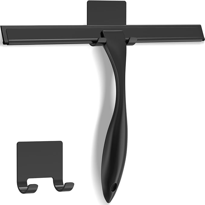All-Purpose Stainless Steel Shower Squeegee for Shower Glass Door with Adhesive Hook, Bathroom Cleaner Tool Household Window Mirror Squeegee for Glass Doors, Cleaning Tile Wall, Car, 12 inch, Black