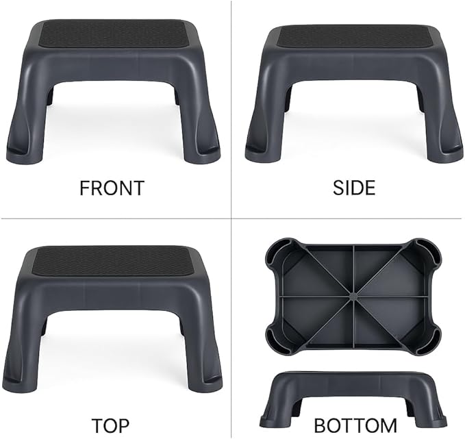 Plastic Step Stool with Stable in-Mold Tread, One-Step Design for Everyday Home Use, Durable Lightweight Build for Kitchen, Closet, and Office – Gray