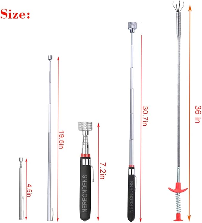 3 Pack Pick-up Tool Set - Extendable Magnetic Pick Up Tools and Flexible Grabber Claw - Retrieving Telescoping Magnet Pickup Tools - Flexible Extra Long Reach Bendable Curve Grabber with 4 Claws