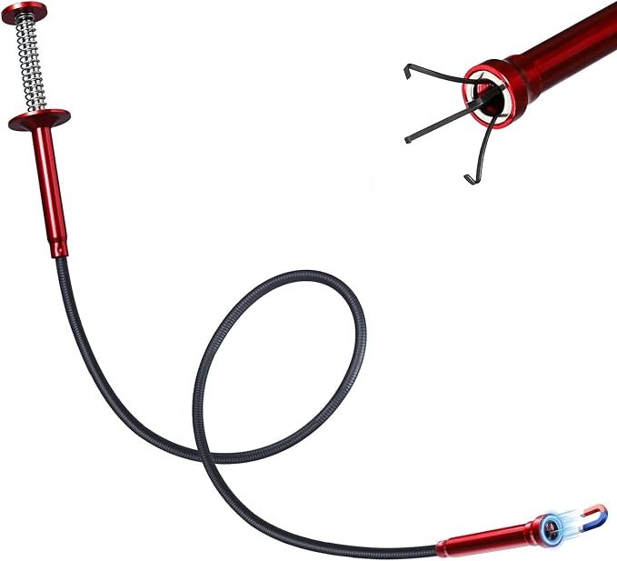 Grabber Reacher Tool, Flexible Magnetic Pickup Tool with 4-Claw Gripper & Spring-Loaded Handle, Pickup for Bathroom, Engine Bay, Kitchen & Sewers (24 inch) (Red Magnetic Pickup Tool)