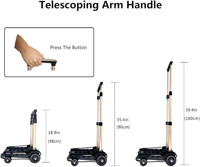 Folding Hand Truck Portable Dolly Compact Utility Luggage Cart with 70Kg/155Lbs Heavy Duty 4 Wheels Solid Construction Adjustable Handle for Moving Travel Shopping Office Use (Black)