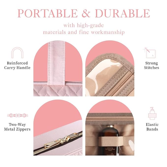 HOTOR Travel Toiletry Bag - Hanging Toiletry Bag for Women & Men, Makeup Bag/Big Comparment, Waterproof for Travel Accessories, Travel Essentials, Large, Pale Pink