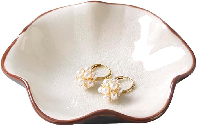 Ice Cracking Leaf Jewelry Dish, Decorative Ring Holder Small Trinket Tray Bowl, Gifts for Daughter Mom Friends, Milk White.