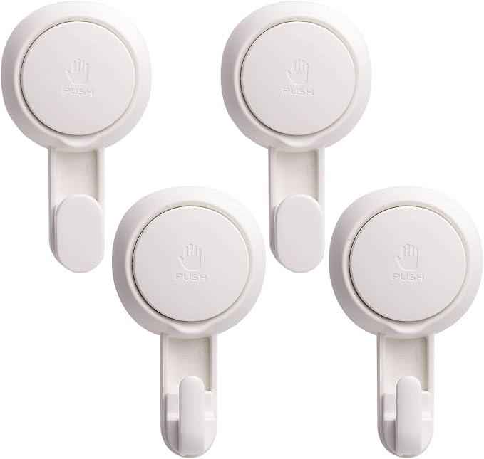 LEVERLOC Heavy Duty Suction Cup Shower Hooks 4 Pack, Damage-Free Shower Hangers for Inside Bathroom Wall, Powerful Vacuum Suction Towel Hooks, Loofah Holders, Easy to Install and Remove, White