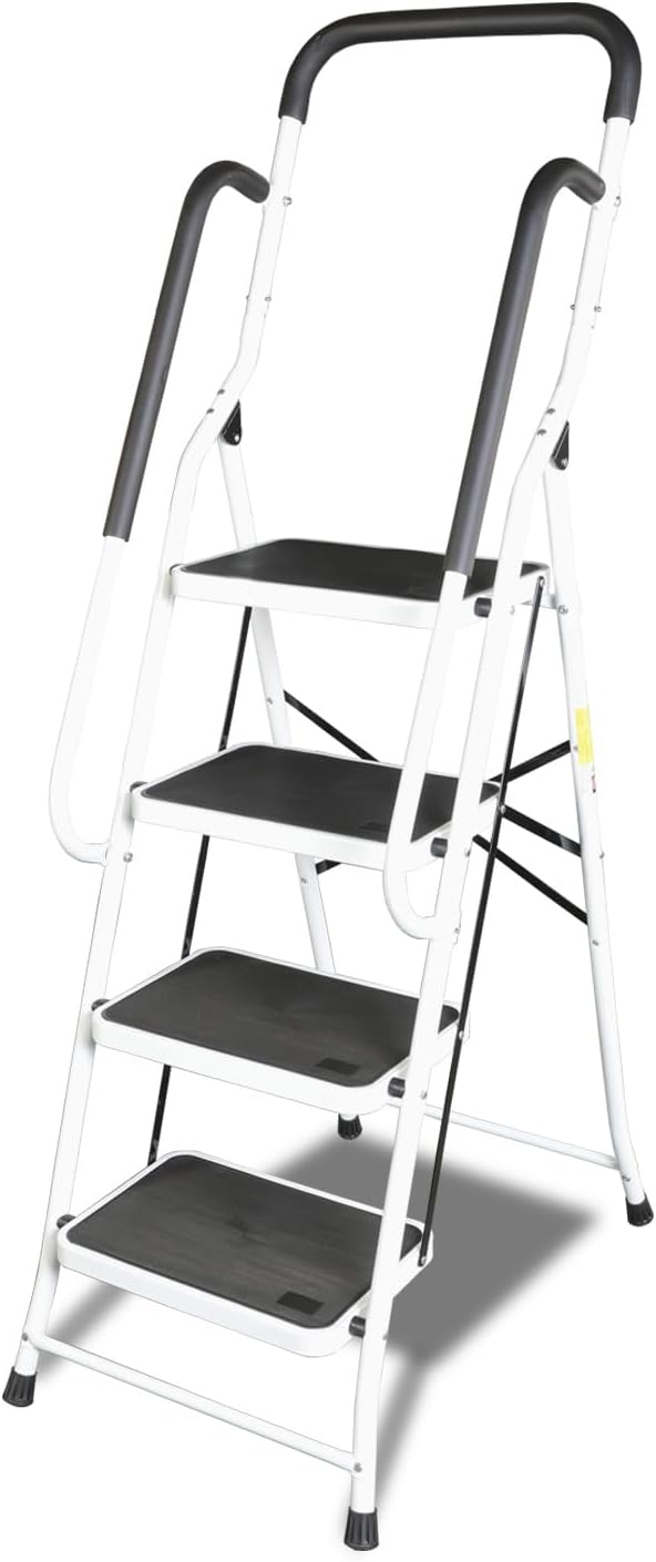 Jack Boss 4 Step Ladder, Requires Simple Installation, Folding Lightweight Step Stool with Handrails and Wide Anti-Slip Pedal for Home, Kitchen and Garage, Service Height 37.8 inch, 400 lbs Capacity