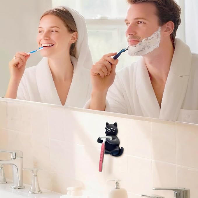 Cute Black Cat Silicone Razor Holder for Shower Adhesive Sticky Heavy Duty Waterproof Wall Hooks, Black Cat Razor Hooks for Bathroom Inside Shower Wall Hanging Loofah Towel